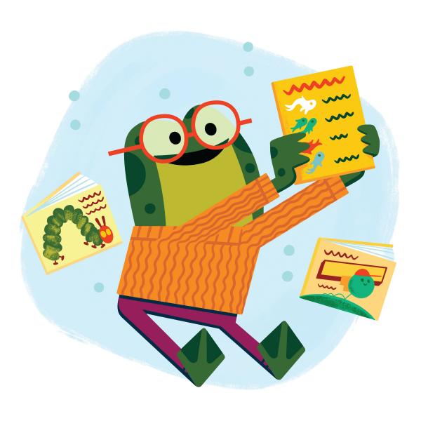 Frog reading a book