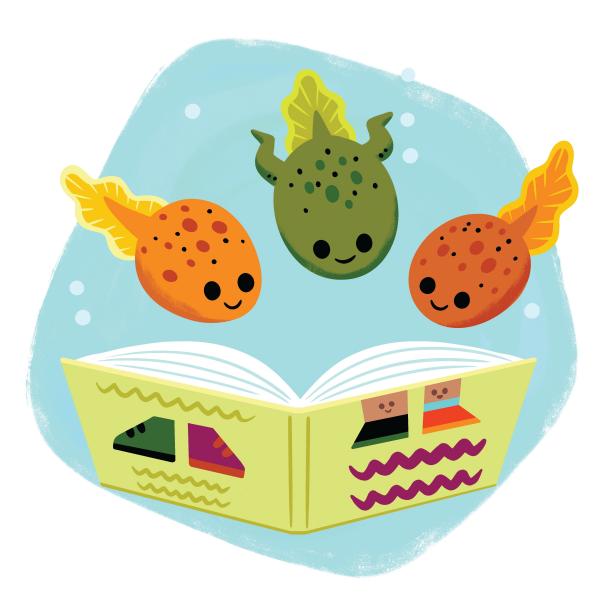 Three tadpoles reading a book together